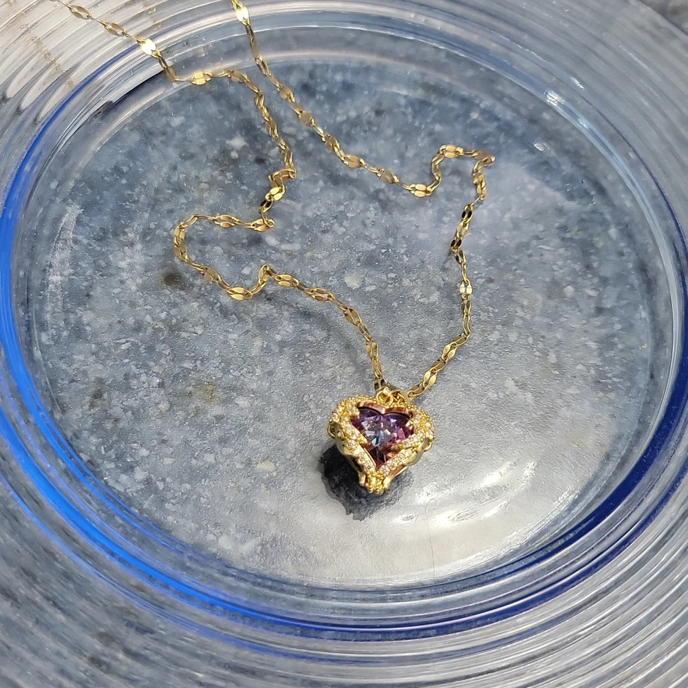 Heart Shape Pendant Necklace Simulated Amethyst & Crystals 15-17 Inches  NEW - Picture 10 of 12